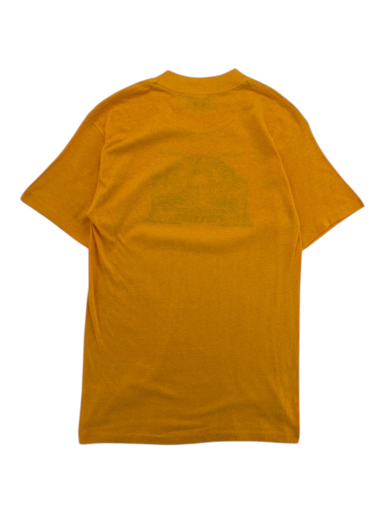 Exile Vintage 1980s yellow Newman's Own popcorn graphic t-shirt, back view showing plain mustard cotton fabric.