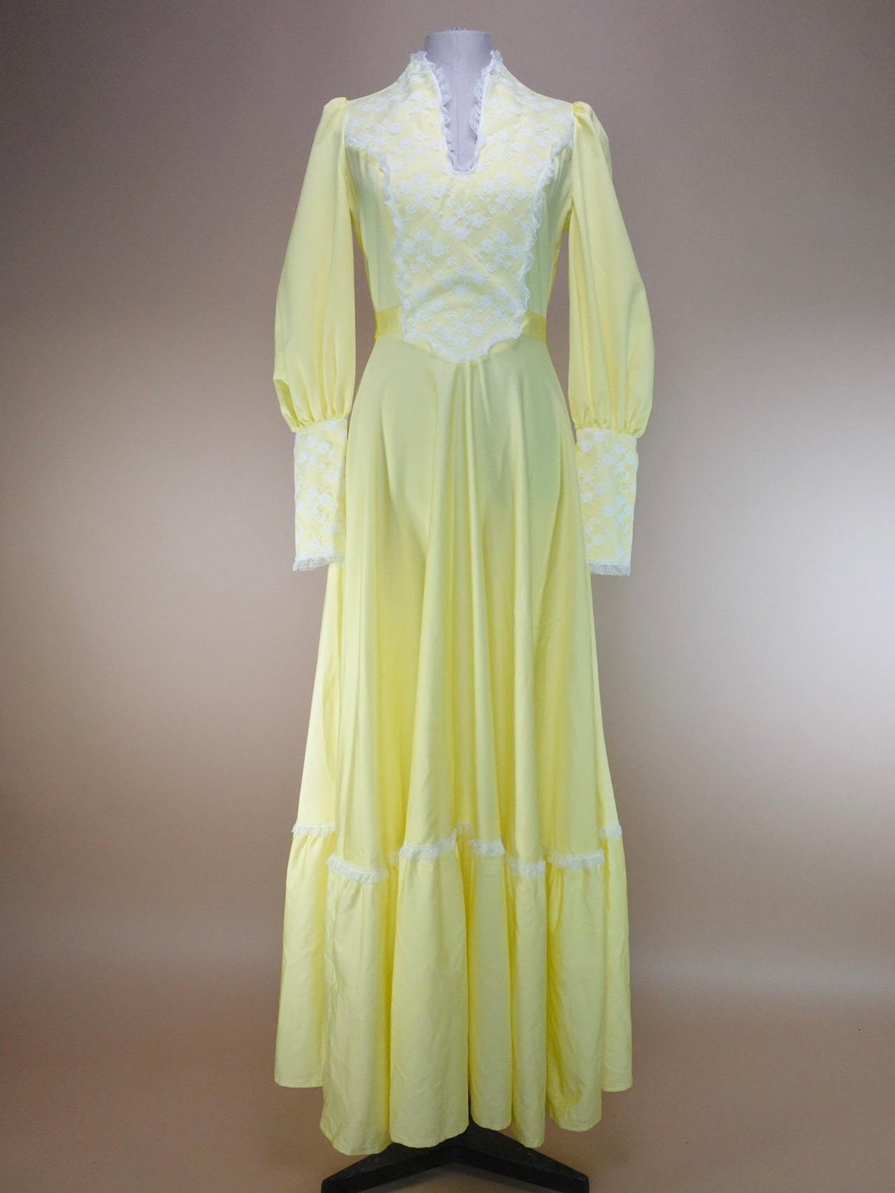 1970s - Lemon Yellow Gunne Sax Style Full Length Dress