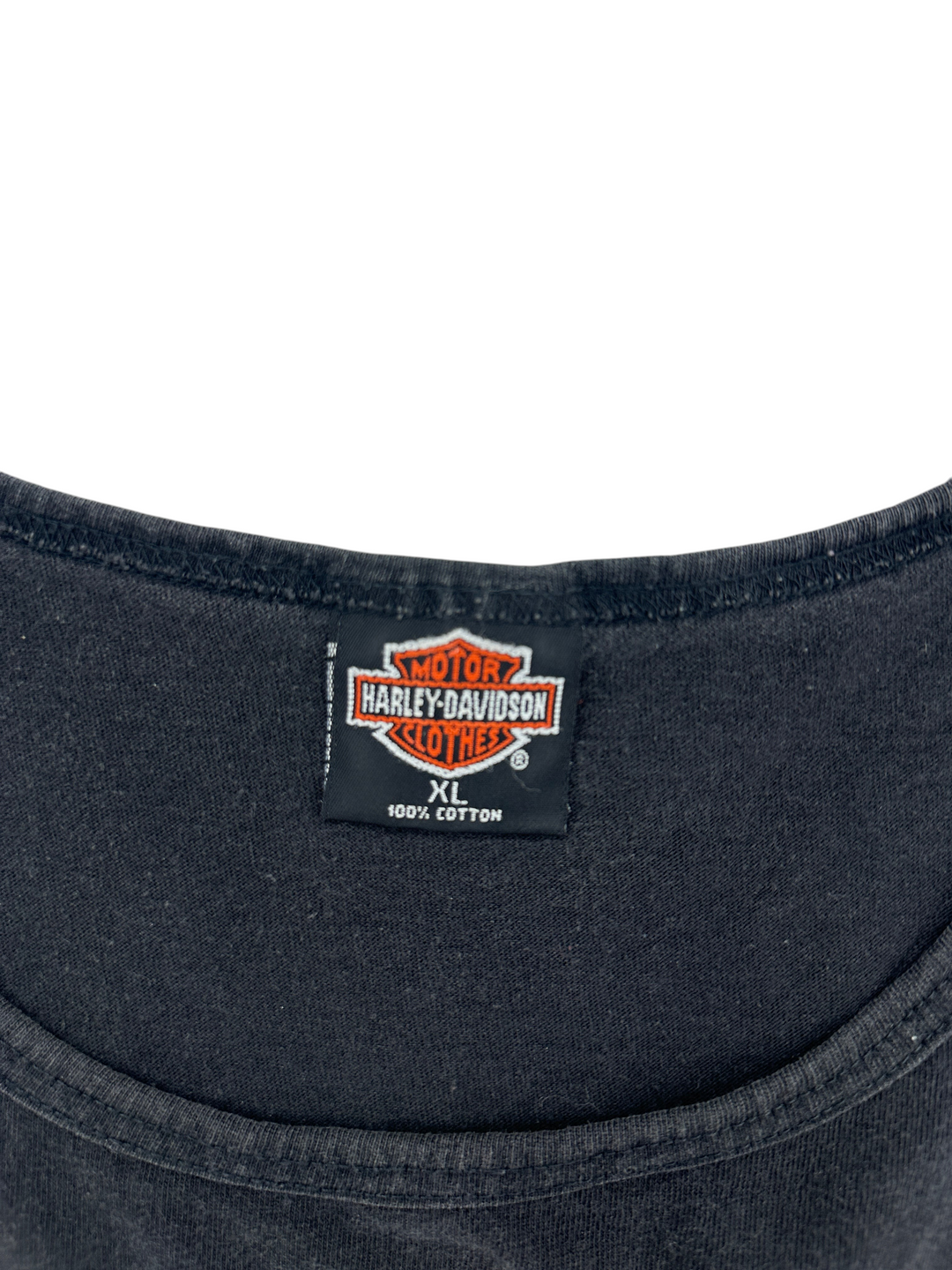 Exile Vintage black Harley Davidson tank top label showing size XL and 100 percent cotton material