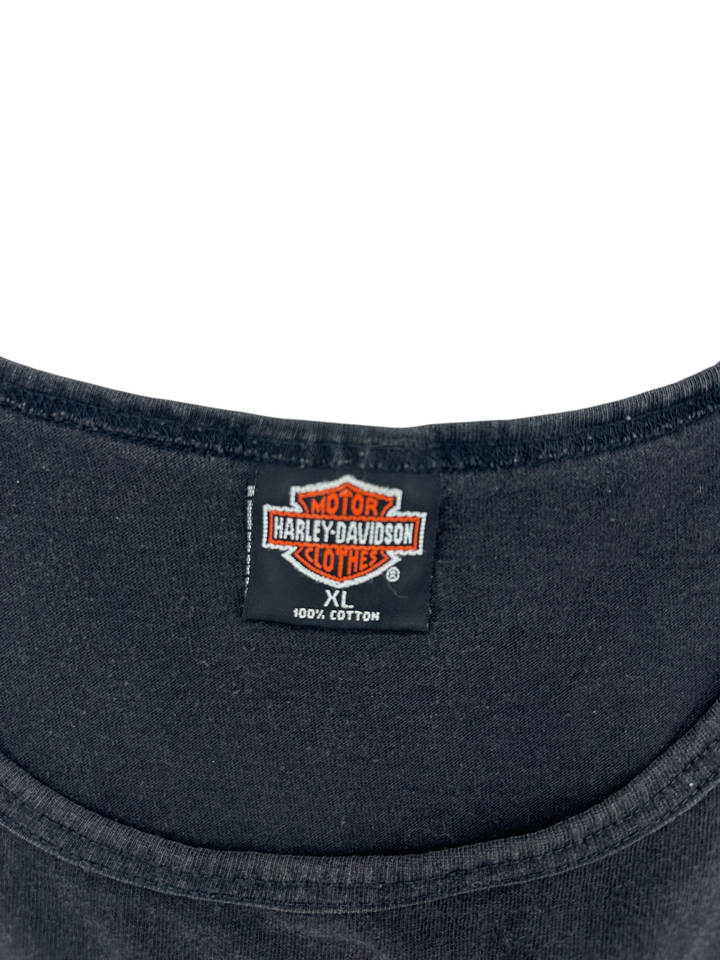 Exile Vintage black Harley Davidson tank top label showing size XL and 100 percent cotton material