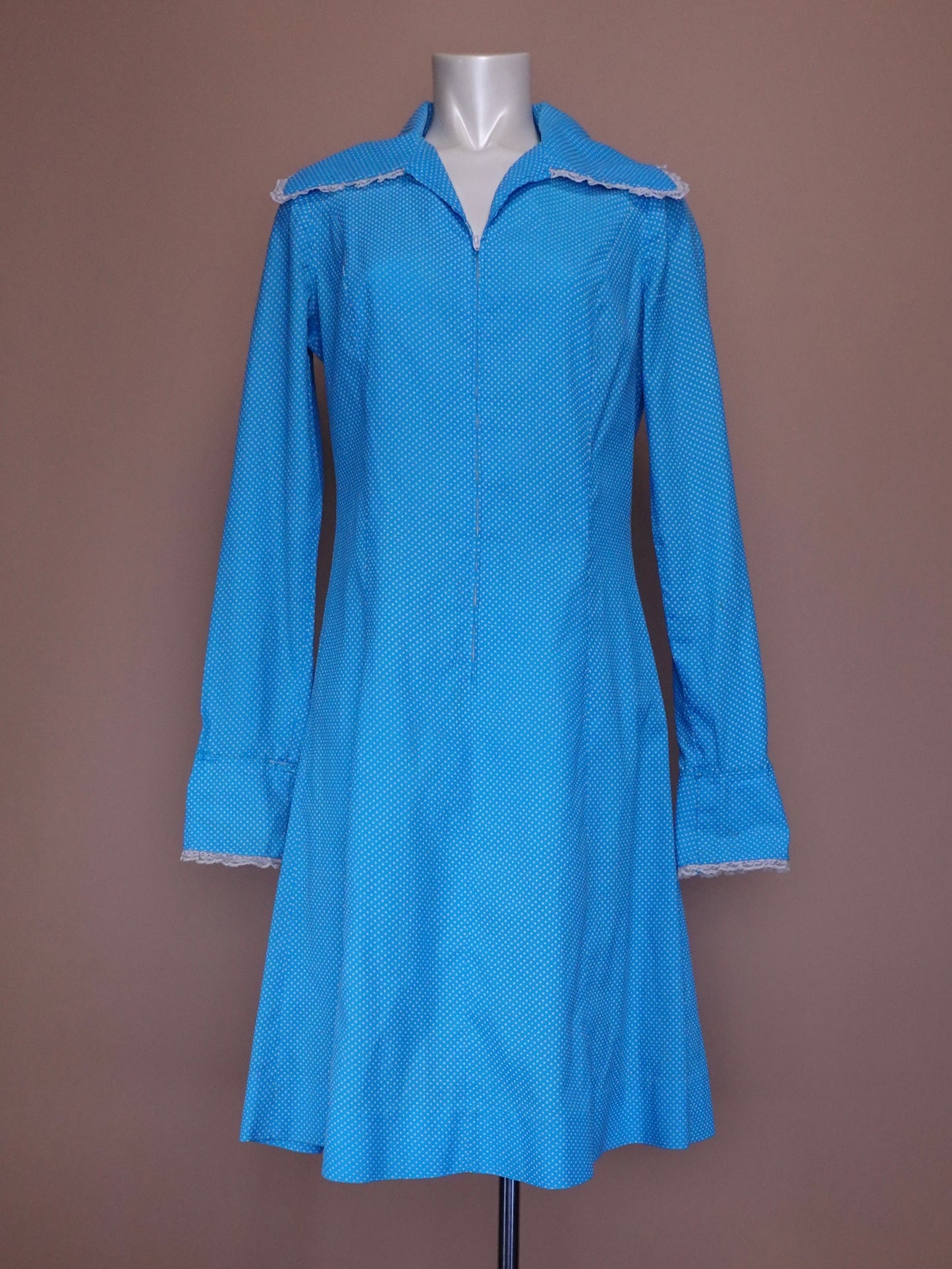 1960s - Baby Blue Swiss Dot Midi Length Dress