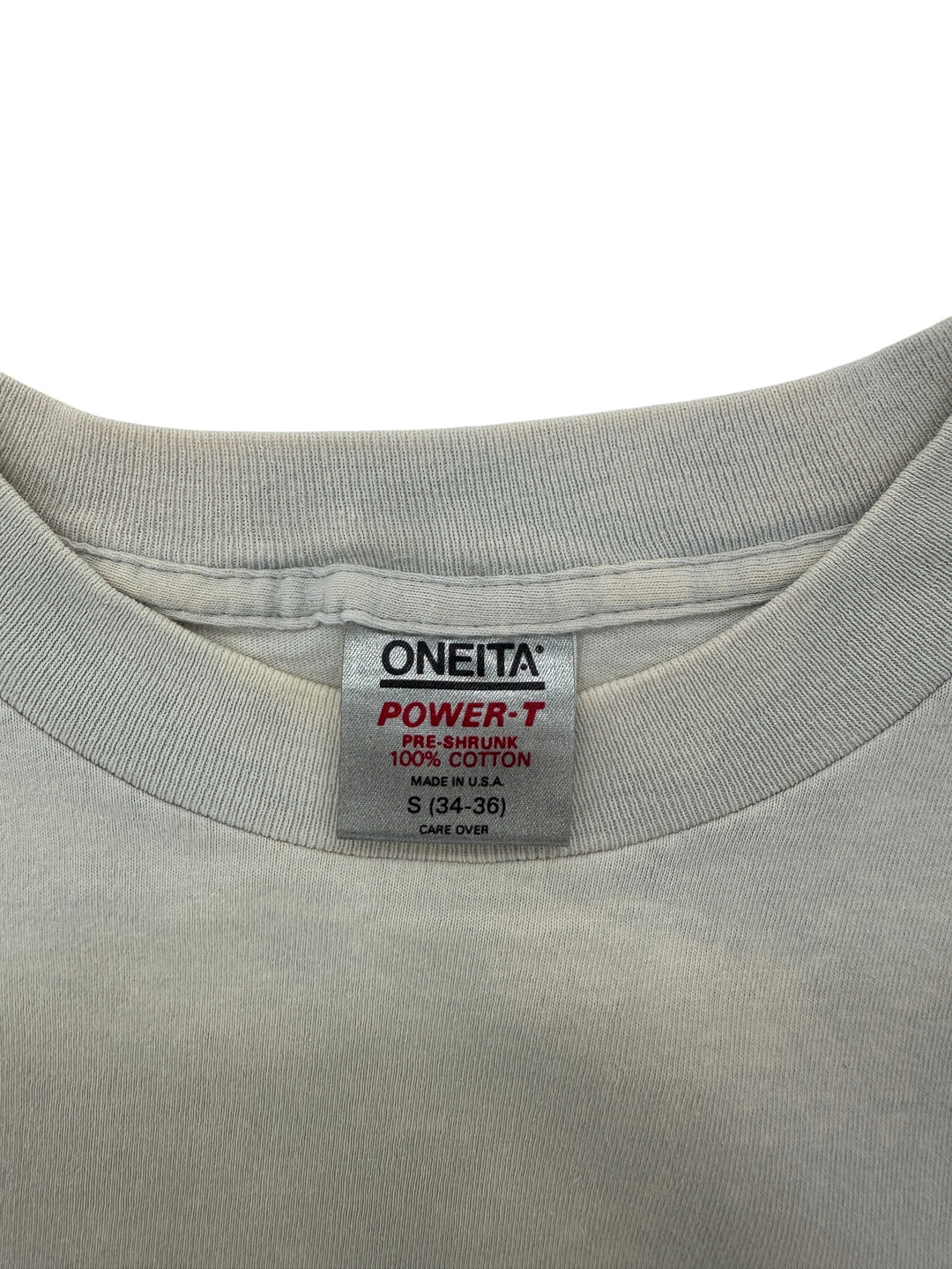 Exile Vintage 1980s Iowa City Halloween longsleeve t-shirt showing the Oneita Power-T tag on the inner collar