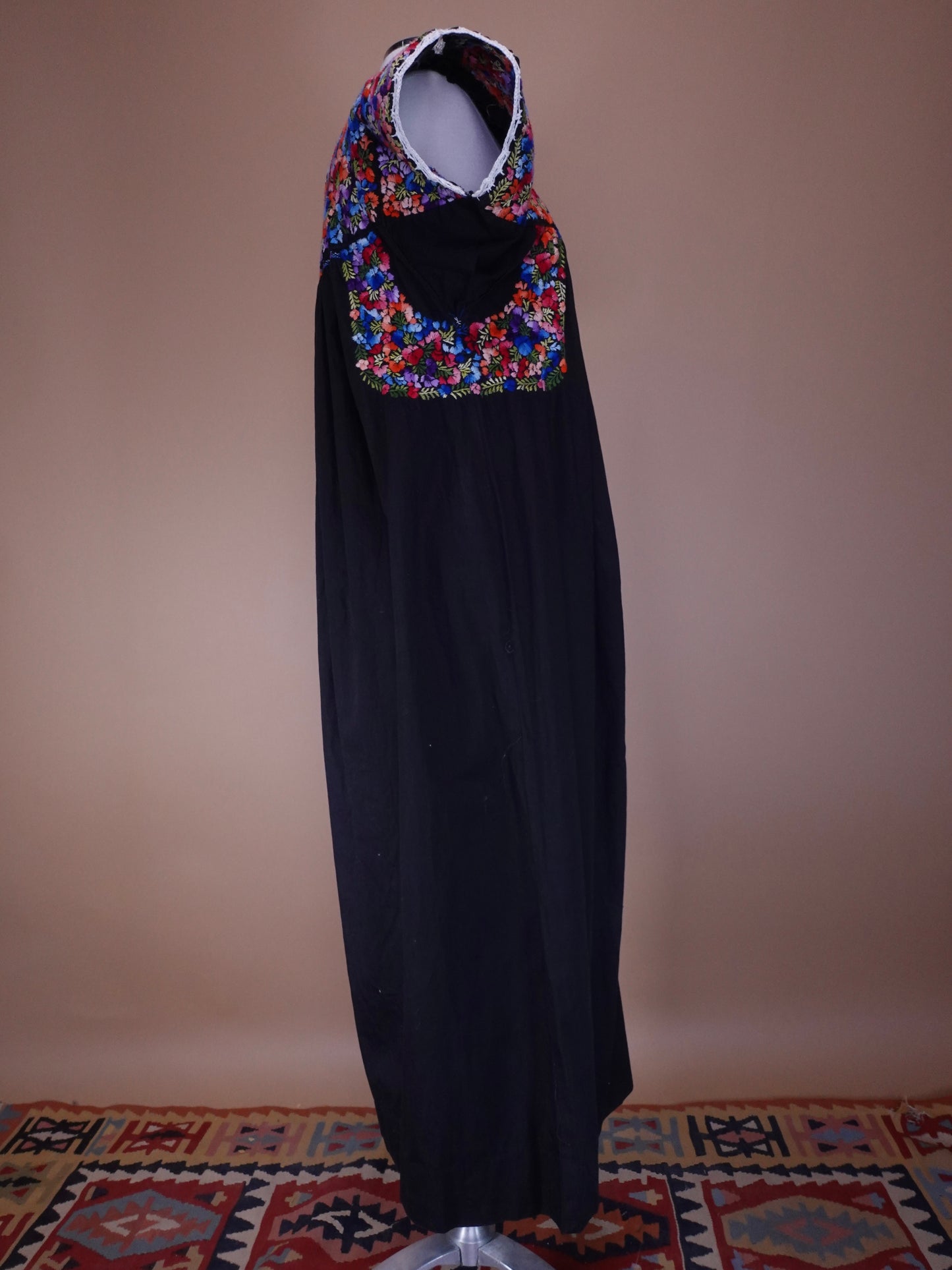 1970s - Black Mexican Hand Embroidered Maxi Length Wedding Dress