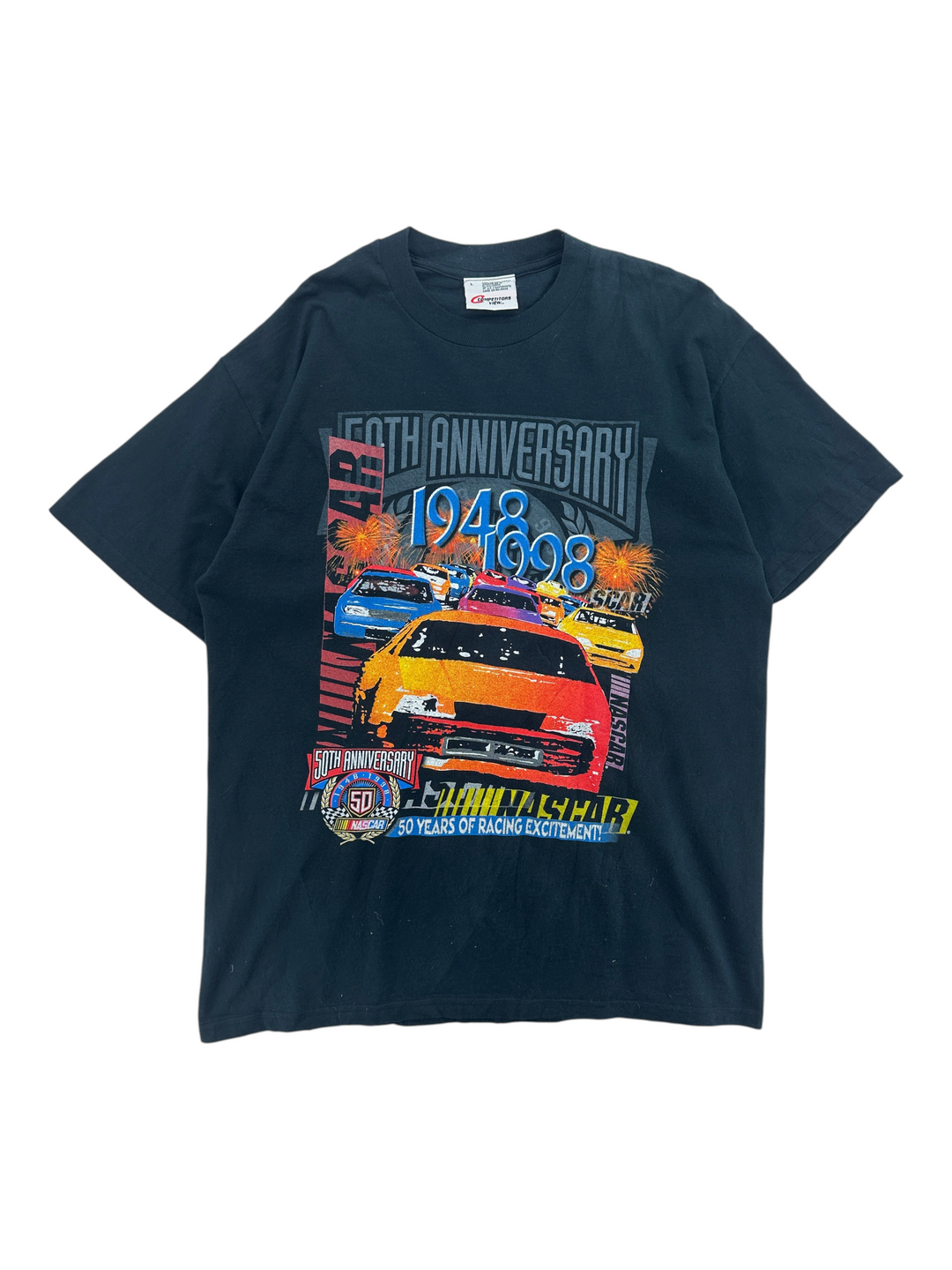 Exile Vintage 1990s black Nascar 50th Anniversary graphic t-shirt featuring racing cars and 1948-1998 text