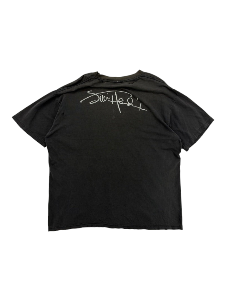 Exile Vintage black 1980s Jimi Hendrix t-shirt featuring a white signature graphic on the back