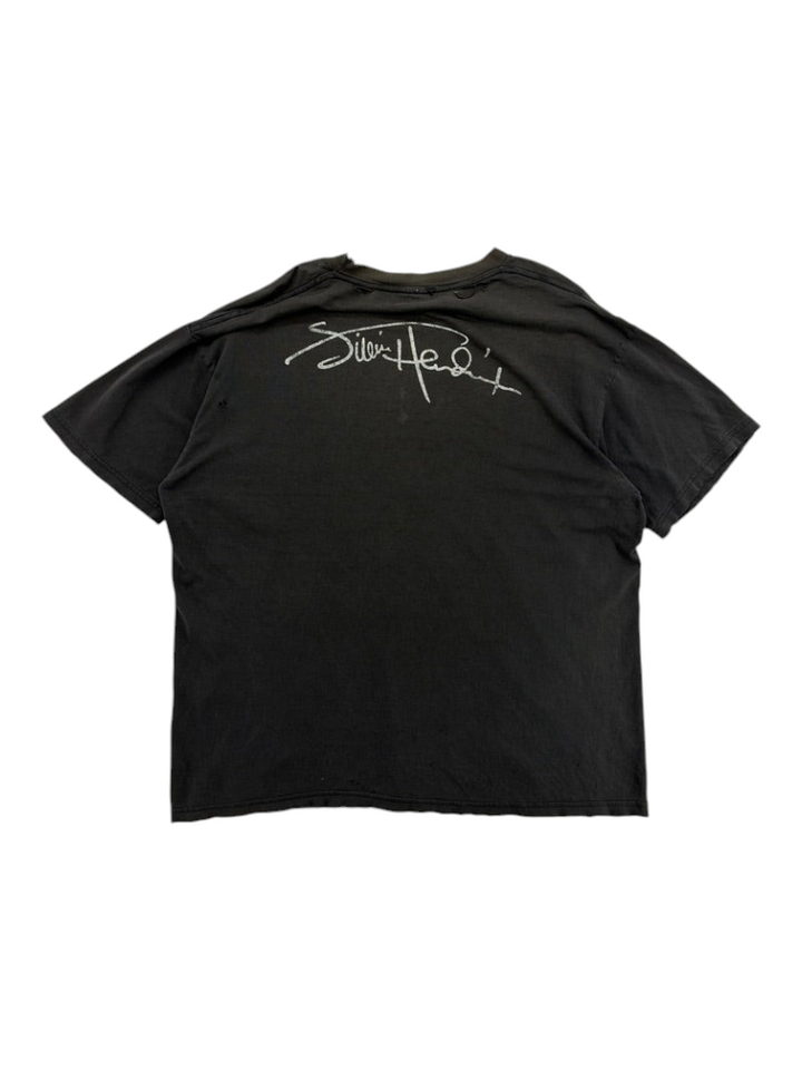 Exile Vintage black 1980s Jimi Hendrix t-shirt featuring a white signature graphic on the back
