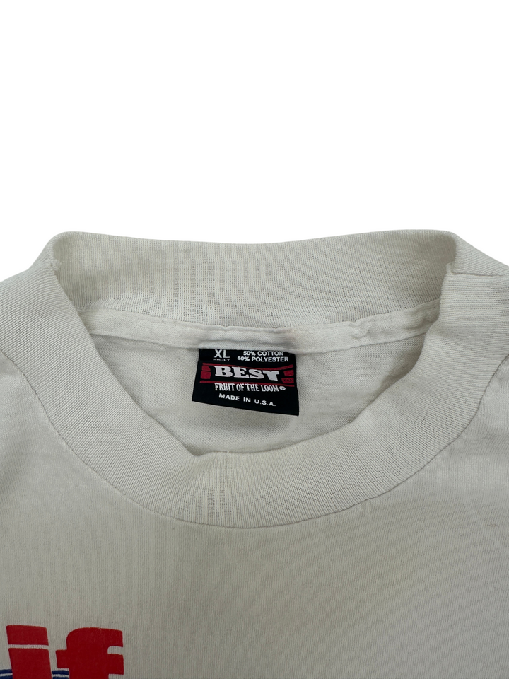 Exile Vintage 1990s Pepsi t-shirt collar tag showing Fruit of the Loom Best XL size and cotton polyester blend