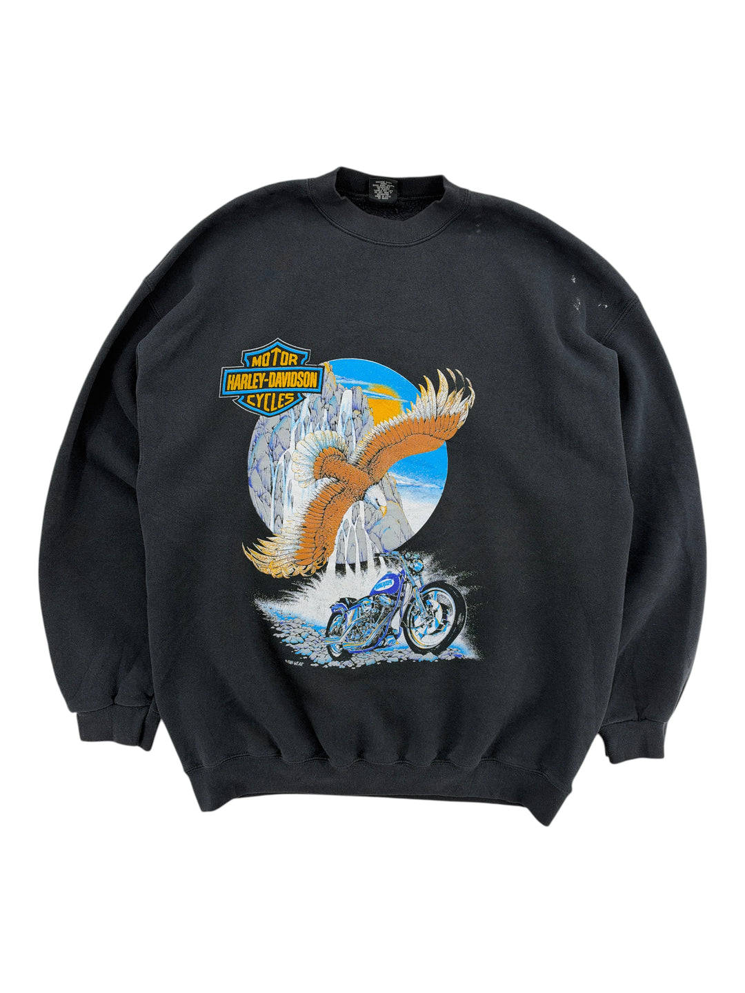 Exile Vintage 1990s black Harley Davidson crewneck sweatshirt featuring a graphic eagle and motorcycle print
