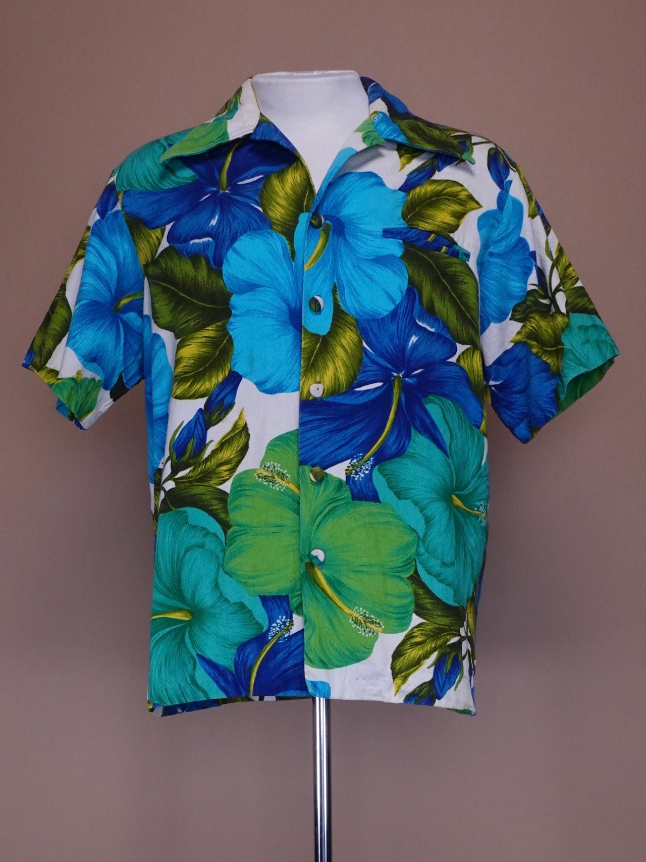 1970s - Pacific Isle Blue Green Bar Cloth Hawaiian Shirt