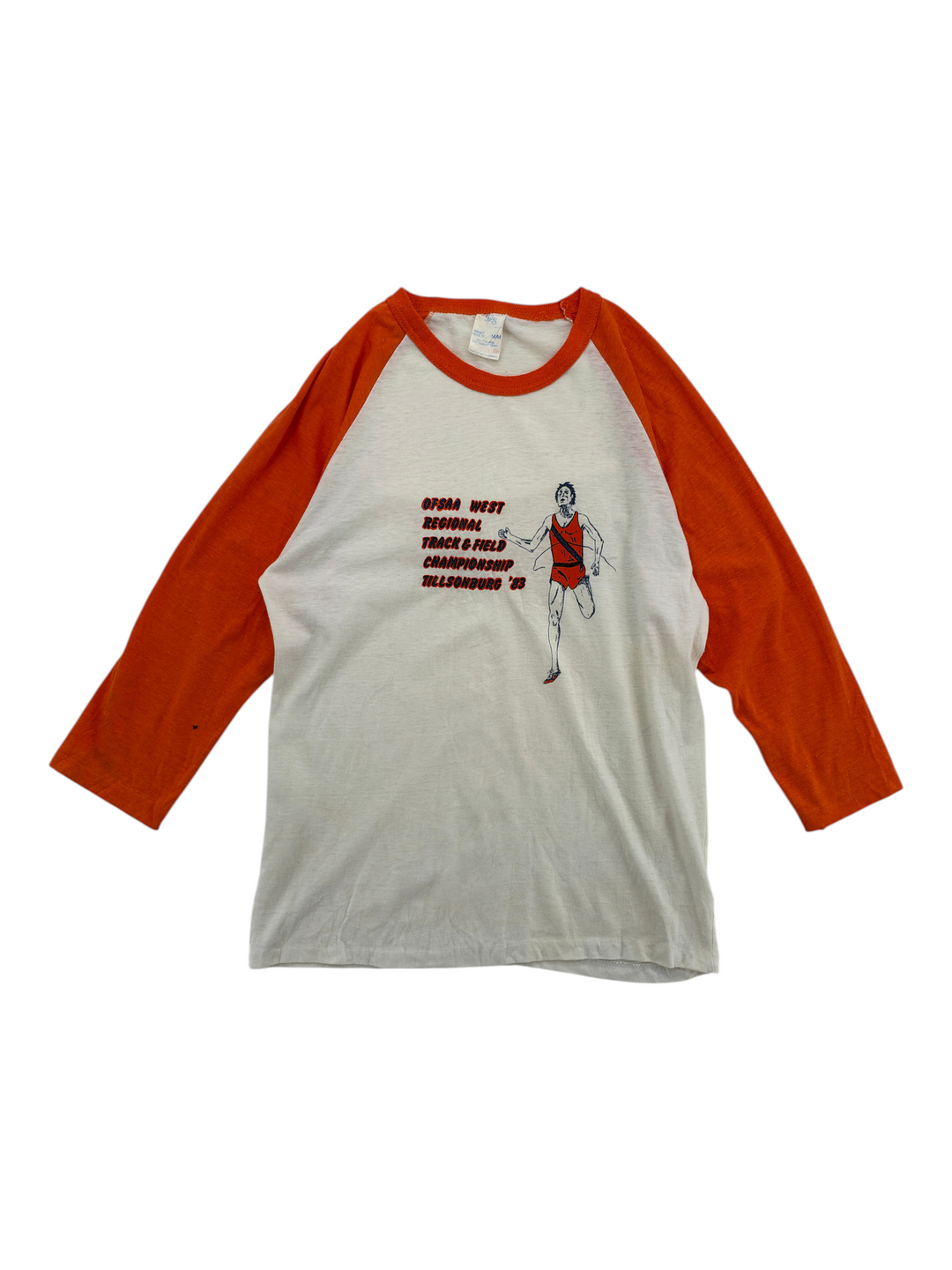 Exile Vintage 1980s white and orange raglan t-shirt with Track and Field graphic print