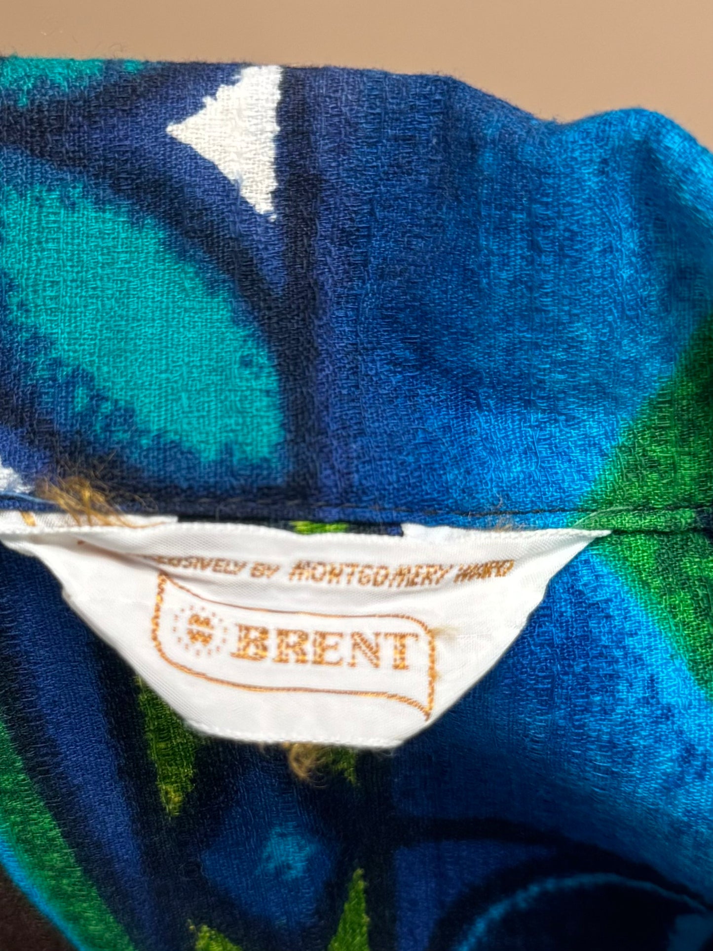 1960s - Brent by Montgomery Ward Blue Green Bar Cloth Hawaiian Shirt