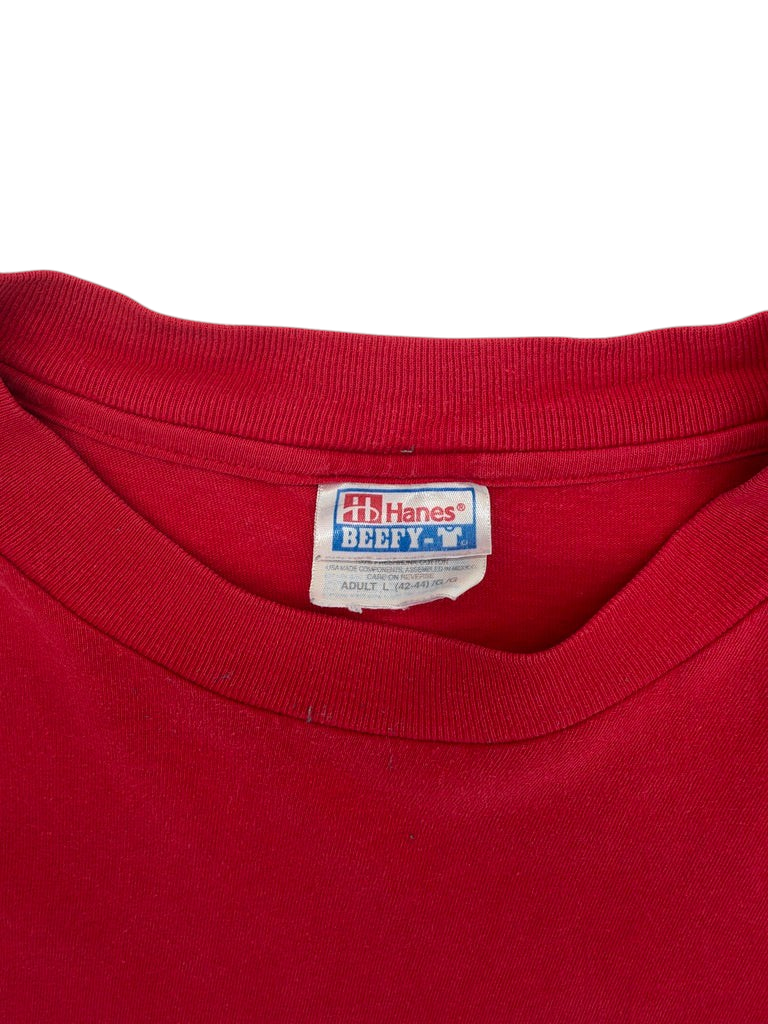 Exile Vintage red Hanes Beefy-T t-shirt collar with size large tag