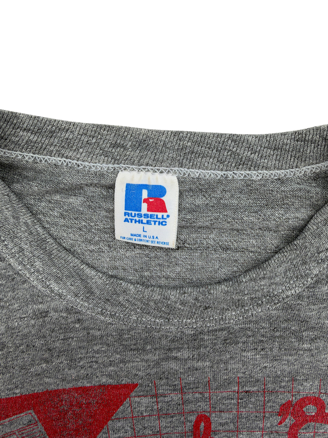 Exile Vintage 1980s Russell Athletic grey heather t-shirt neck label showing size L and made in USA tag