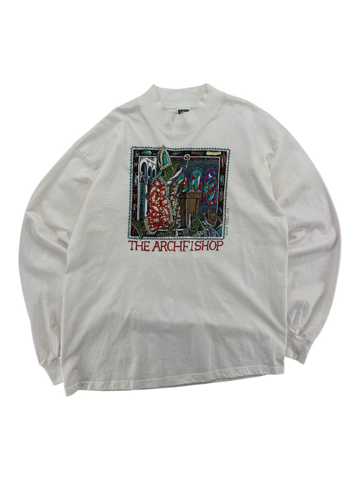 Exile Vintage 1990s white long sleeve crewneck sweatshirt featuring a graphic print of The Archfishop