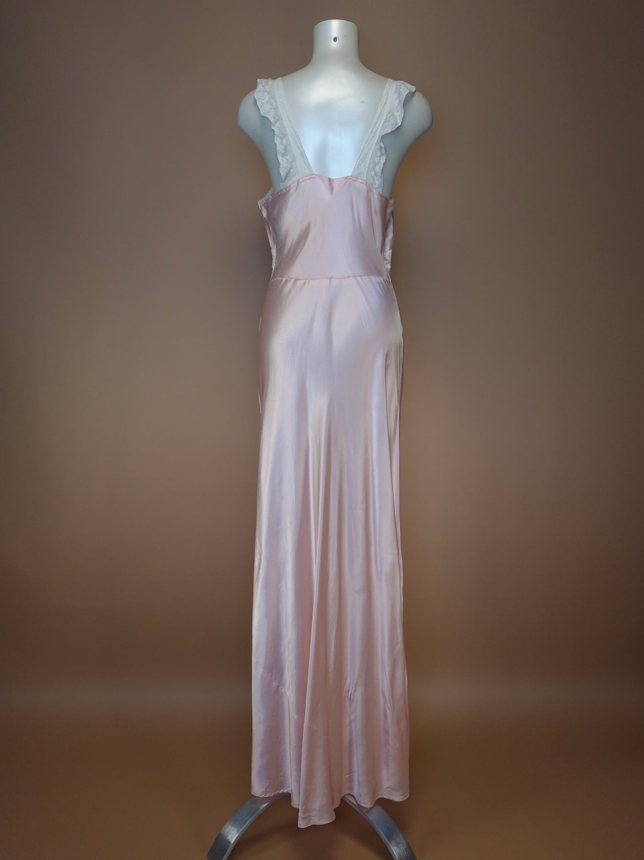 Vintage 1940s - Pink Silk Satin Night Gown With Lace Strap & Bust Detailing