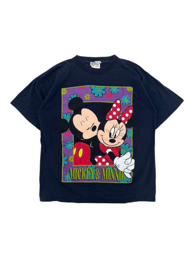 Exile Vintage 1990s black cotton t-shirt featuring a colourful Mickey and Minnie Mouse graphic with floral border