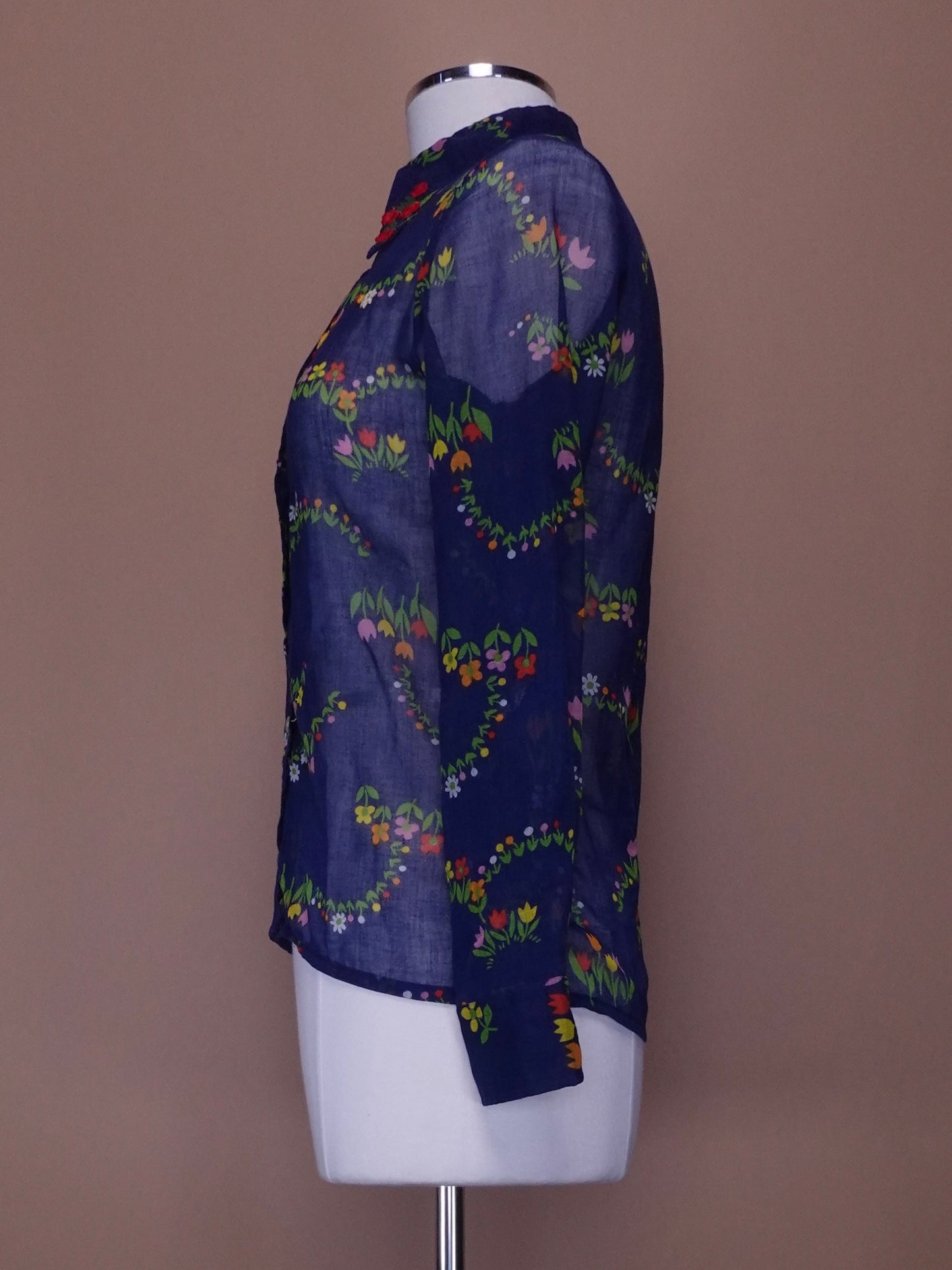 Vintage Sheer Hand Embroidered Floral Print Ladies Blouse