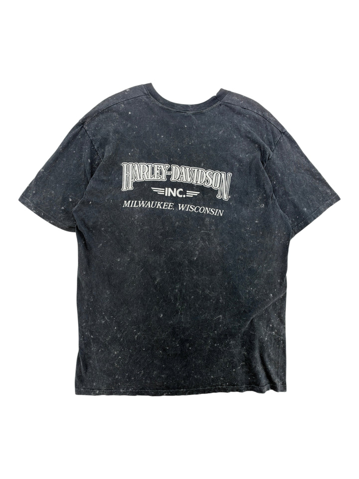 Exile Vintage 1980s black Harley Davidson t-shirt with white graphic print on the back, size XL.