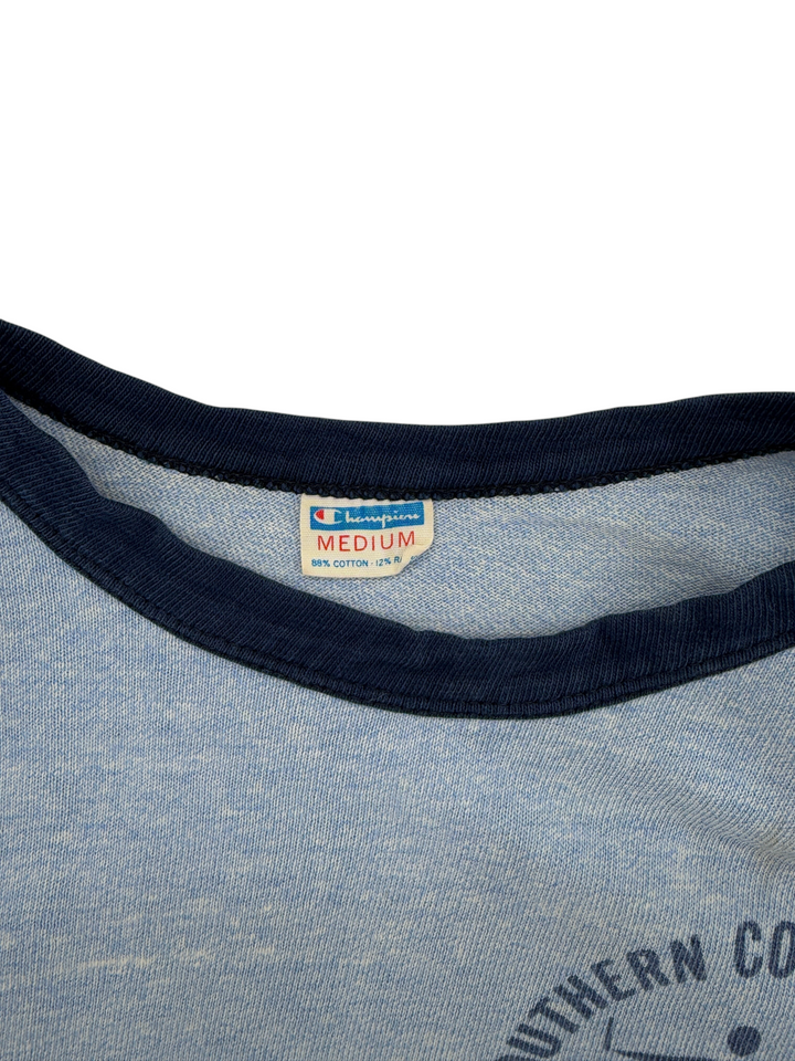 Exile Vintage 1970s blue ringer t-shirt with navy collar and Champion brand tag, size medium