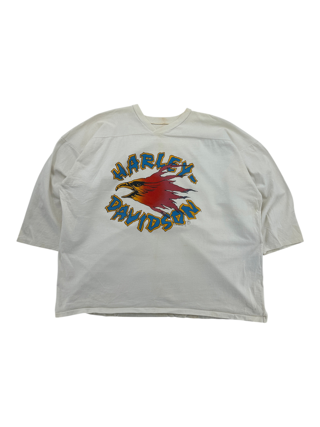 Exile Vintage 1980s Harley Davidson white jersey t-shirt with eagle graphic print and v-neck collar