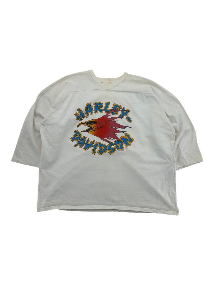 Exile Vintage 1980s Harley Davidson white jersey t-shirt with eagle graphic print and v-neck collar