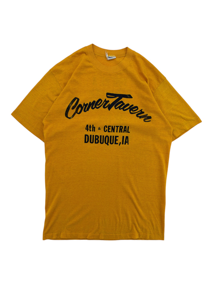 Exile Vintage 1980s mustard yellow crew neck t-shirt with black Corner Tavern graphic print