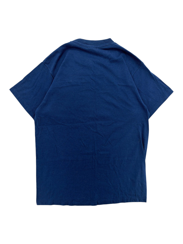 Exile Vintage navy blue 1980s St John sailboat t-shirt, back view of a plain cotton crew neck shirt.