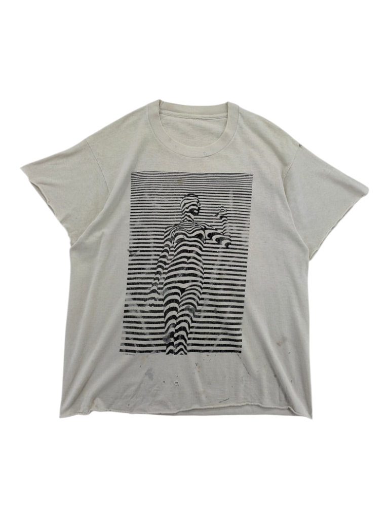 Exile Vintage 1980s white t-shirt featuring a black optical illusion graphic of a person in striped patterns