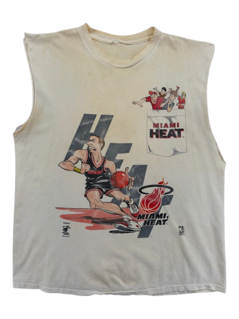 Exile Vintage 1990s Miami Heat cream cutoff t-shirt with basketball player graphic and pocket detail