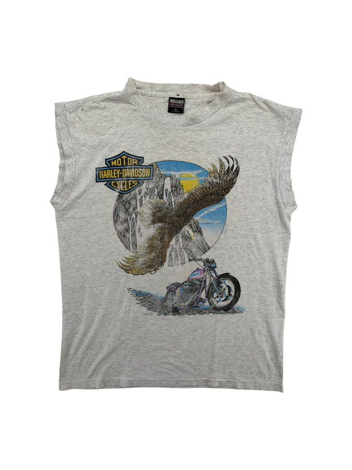 Exile Vintage 1990s grey heathered Harley Davidson sleeveless cut off t-shirt with eagle and motorcycle graphic print