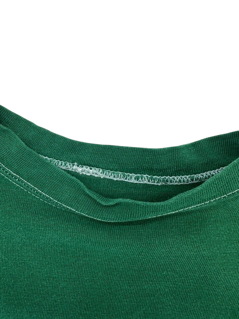 Exile Vintage 1970s green football jersey shirt featuring a classic crew neck collar with white stitching detail