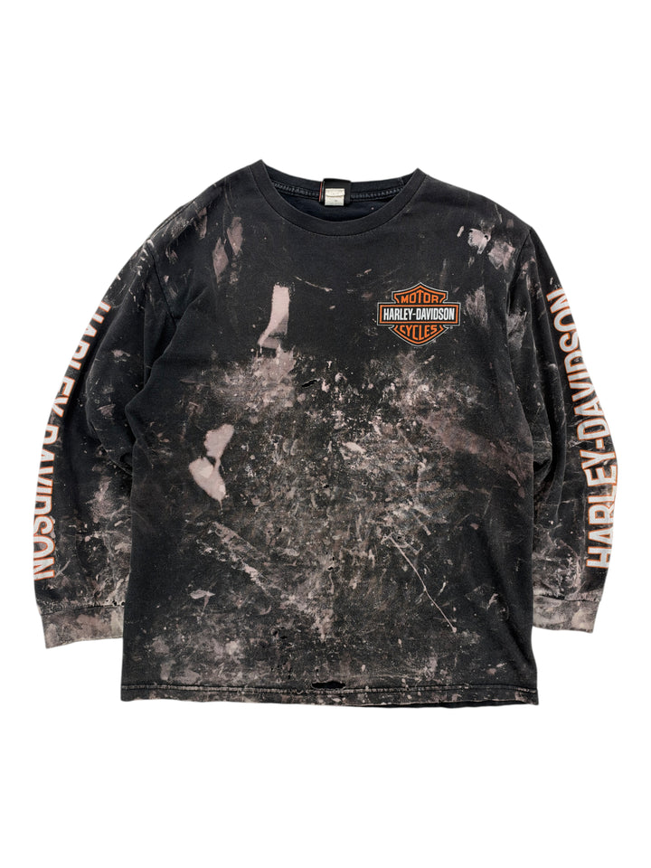 Exile Vintage 2000s black distressed Harley Davidson long sleeve shirt with bleach wash effect and sleeve branding