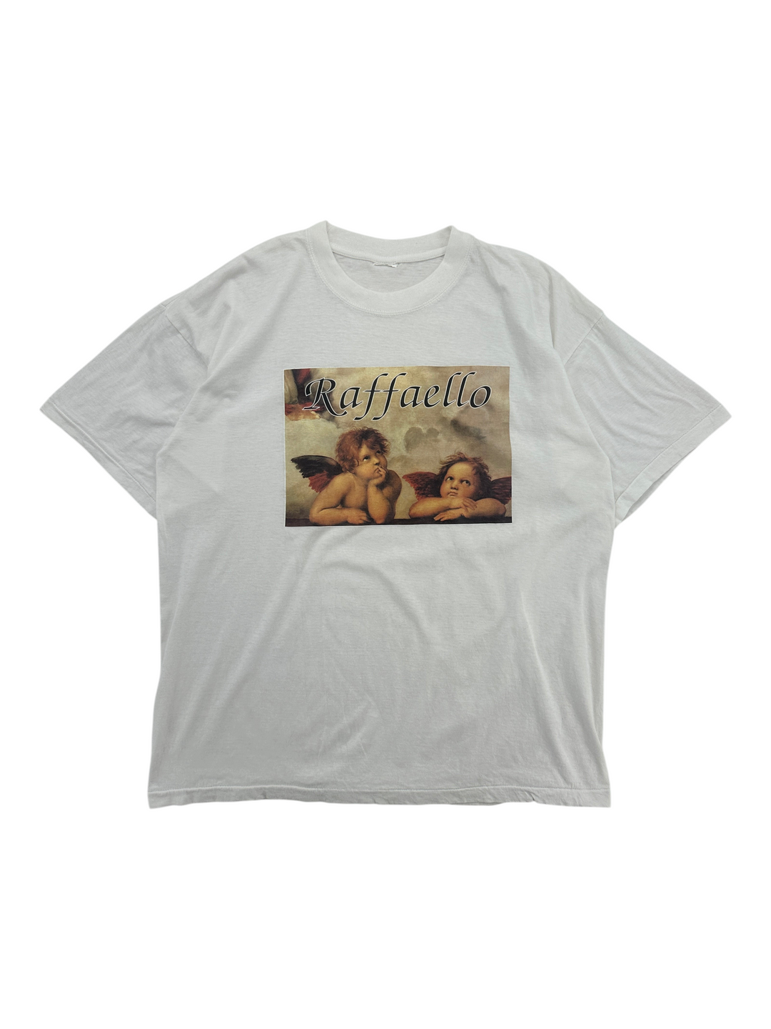 Exile Vintage 1990s white cotton t-shirt featuring a classic Raffaello cherub art print on the front