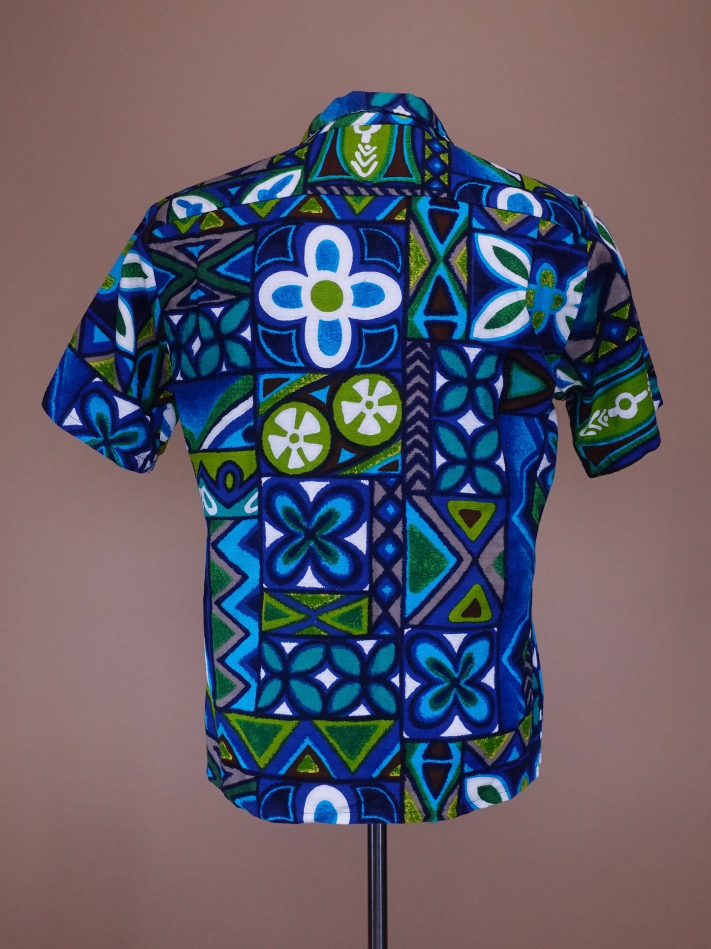 1960s - Brent by Montgomery Ward Blue Green Bar Cloth Hawaiian Shirt