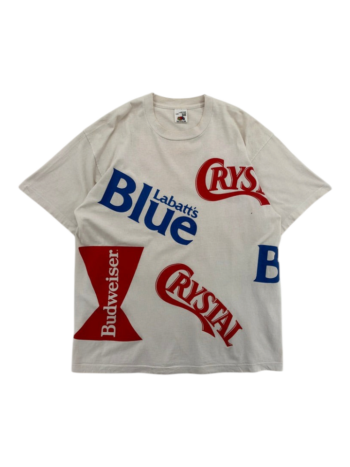 Exile Vintage 1990s white t-shirt featuring various beer brand logos in red and blue print