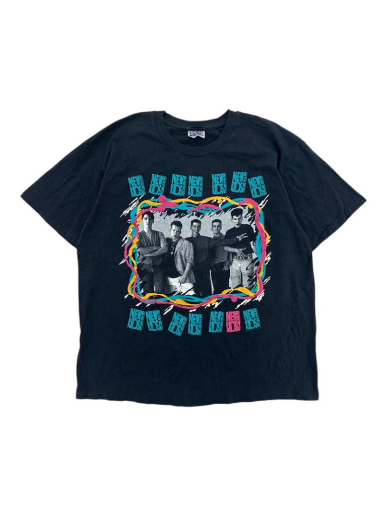 Exile Vintage black 1980s New Kids On The Block tour t-shirt with colourful graphic print and crew neck