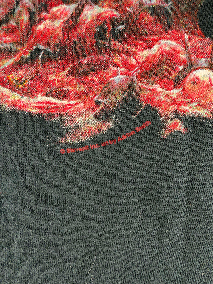 Exile Vintage 2000s GWAR Blood Drive tour t-shirt fabric detail showing distressed white cotton and graphic print