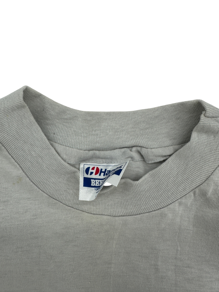 Exile Vintage 1990s Alltel corporate T-shirt featuring a Hanes Beefy-T tag on a grey cotton crew neck collar
