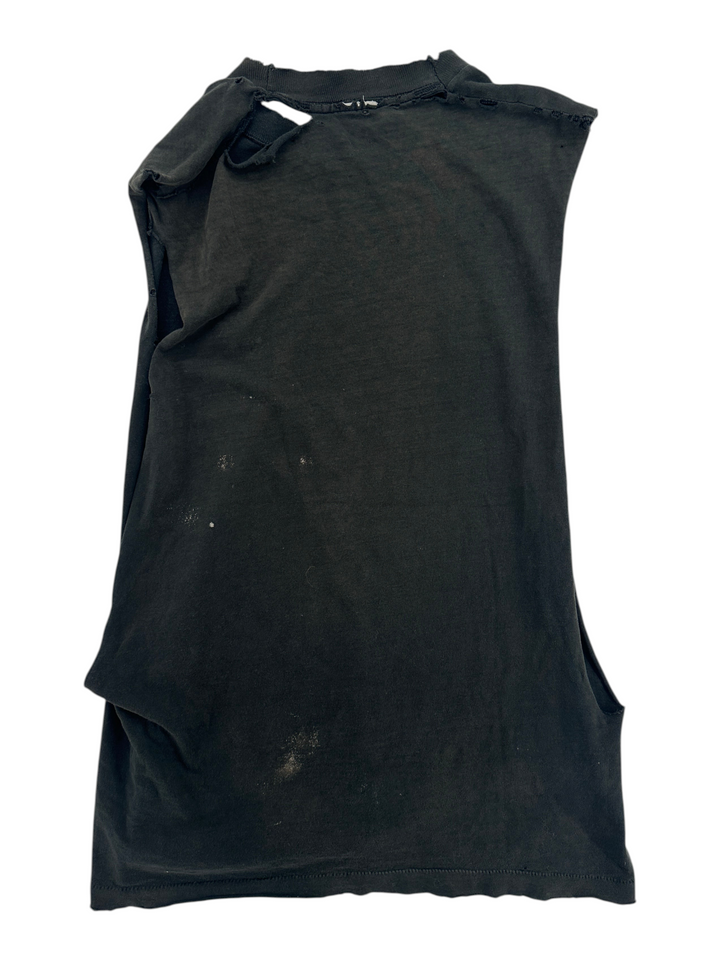 Exile Vintage 1989 Joker graphic t-shirt in black with distressed cut-off sleeves and worn-in vintage aesthetic.