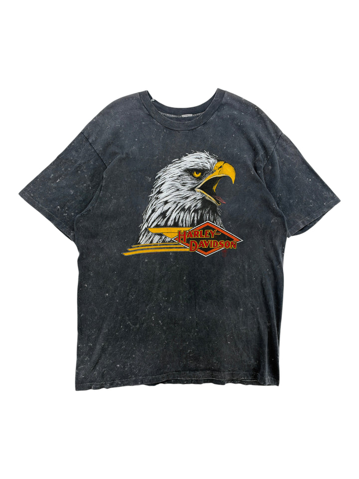 Exile Vintage 1980s Harley Davidson black acid wash t-shirt featuring a detailed eagle graphic and logo