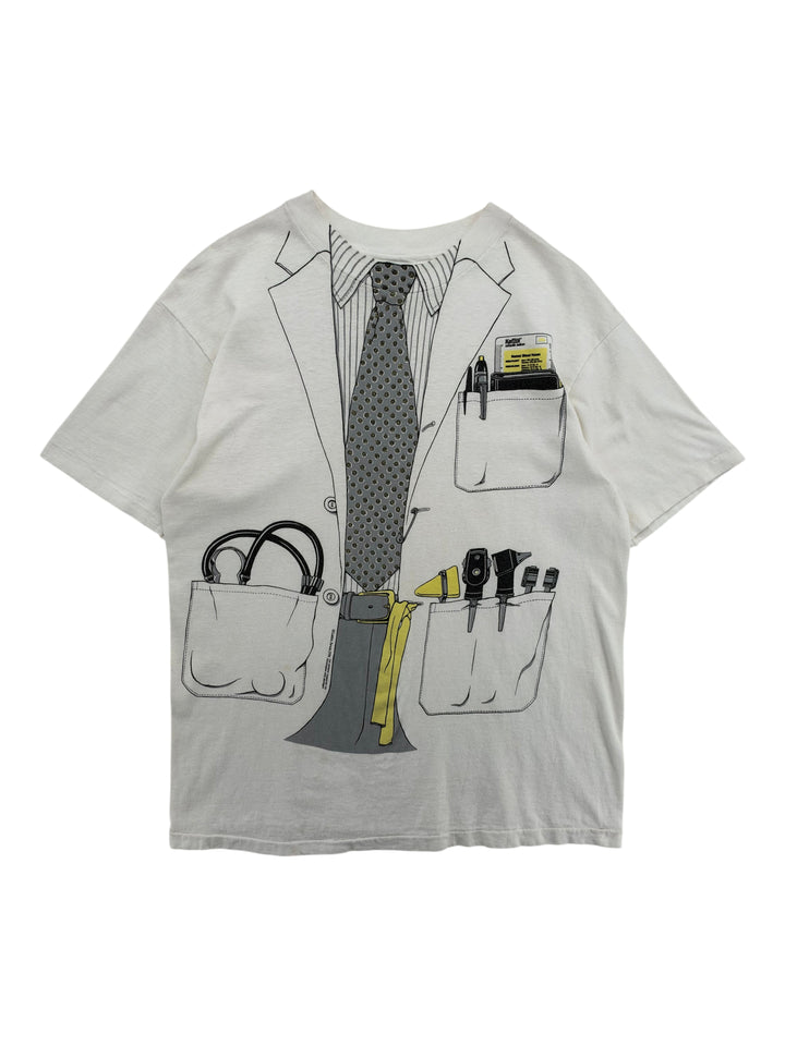 Exile Vintage 1980s white t-shirt with all-over print of a doctor&