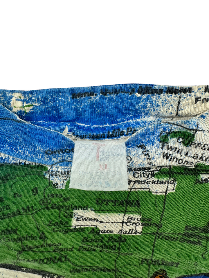 Exile Vintage 1990s XL cotton T-shirt featuring an all-over print of a Wisconsin state map and interior neck tag