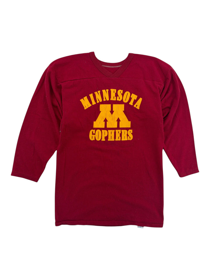 Exile Vintage 1980s maroon Minnesota Gophers long sleeve v-neck jersey with yellow screen-printed team logo