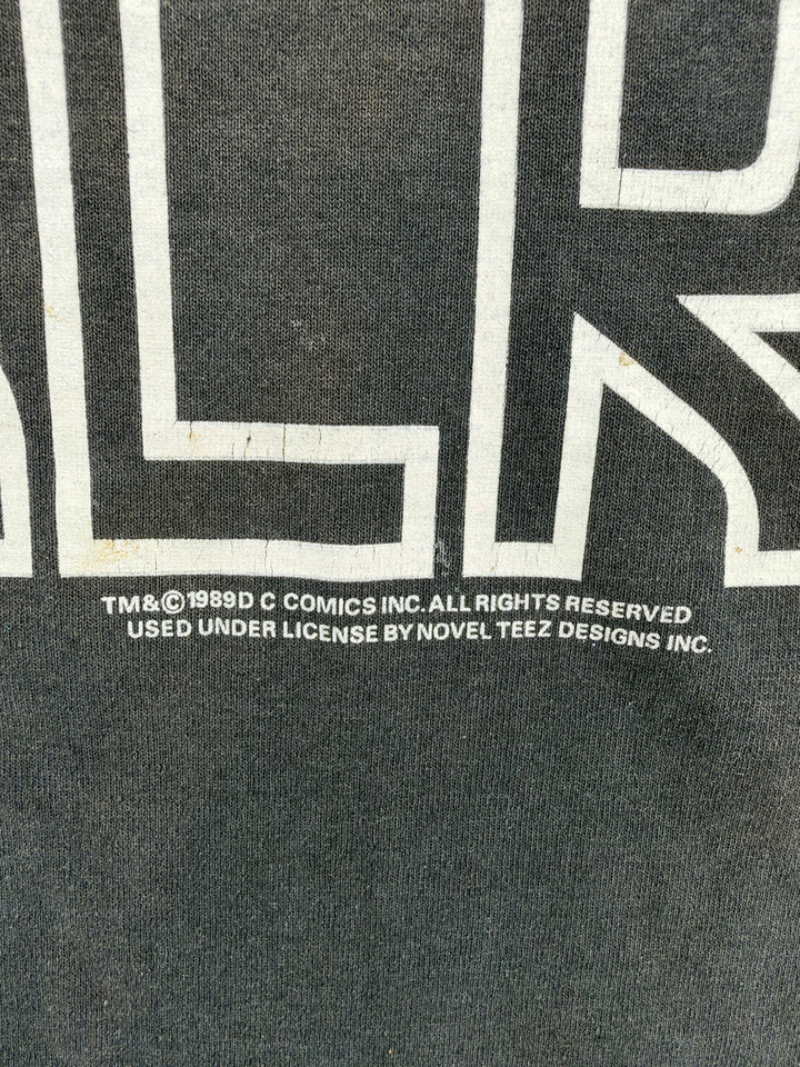 Exile Vintage 1980s Batman The Joker t-shirt detail showing 1989 DC Comics copyright print on black cotton fabric