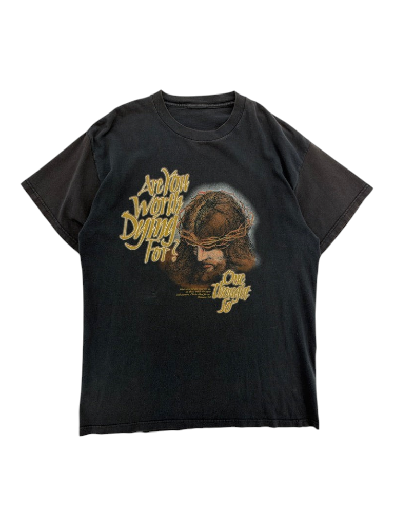 Exile Vintage 1990s black graphic t-shirt featuring a Jesus portrait and Are You Worth Dying For text