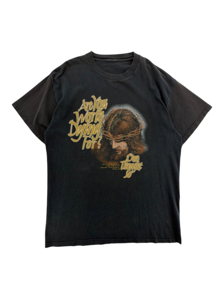 Exile Vintage 1990s black graphic t-shirt featuring a Jesus portrait and Are You Worth Dying For text
