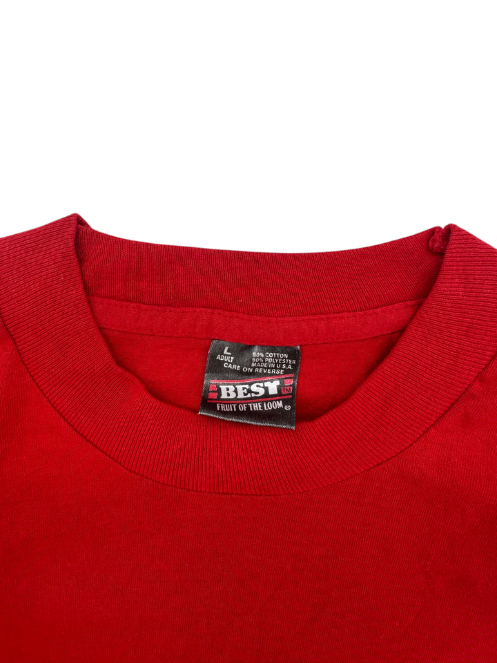 Exile Vintage red 1990s Coast Guard Festival t-shirt featuring a Fruit of the Loom Best tag, size large.