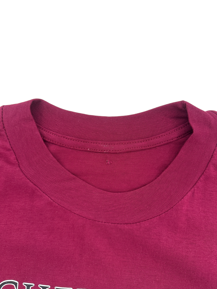 Exile Vintage 1990s Michelangelo Creation of Adam t-shirt featuring a deep maroon cotton crew neck collar