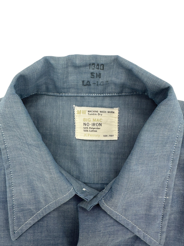 Exile Vintage 1970s Big Mac blue work shirt collar with original JCPenney no-iron polyester cotton blend tag