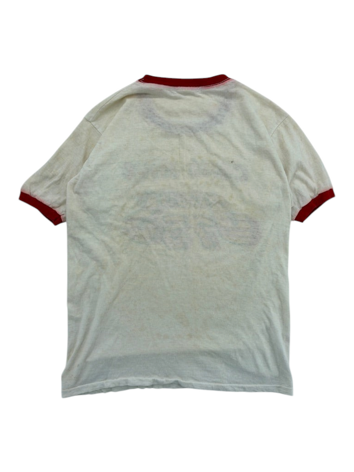 Exile Vintage 1970s white ringer t-shirt with red trim on collar and sleeves, back view